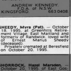 Obituary for Mvra SHEEDY