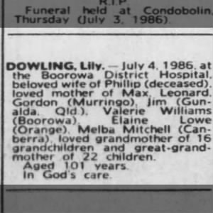 Obituary for Lily DOWLING