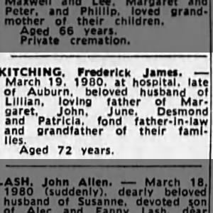 Obituary for Frederick KITCHING