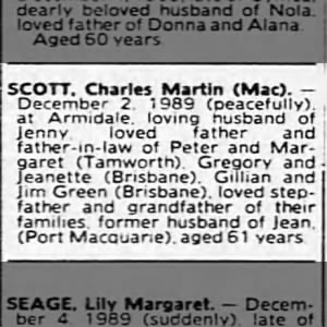 Death notice of Charles Martin Scott