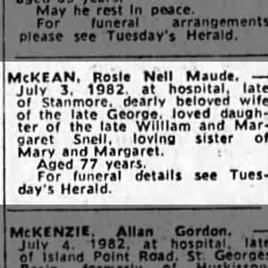Obituary for Nell McKEAN